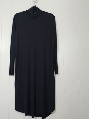 Eileen Fisher Silk Dress L Black Turtleneck Long Sleeve Minimalist Chic